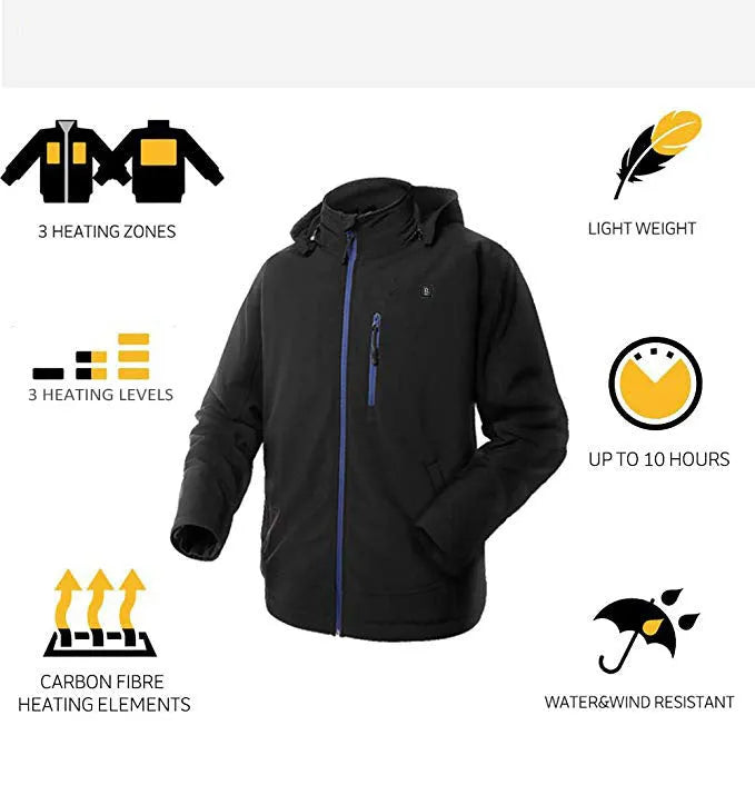 Black men's USB heated waterproof winter coat with zip pockets and straight hem design