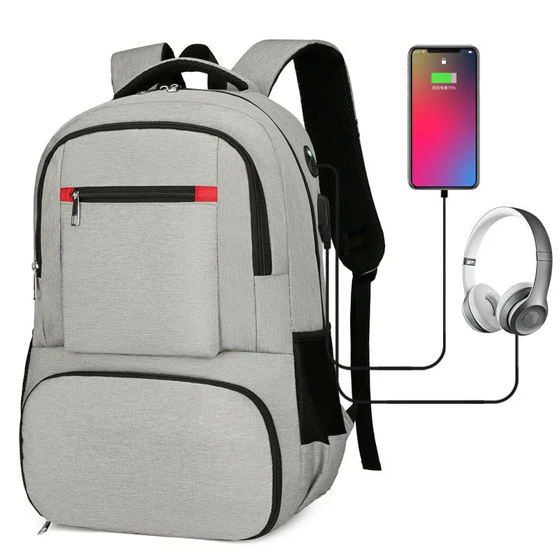 Insulated Oxford cloth backpack in grey with curved shoulder straps and multiple compartments