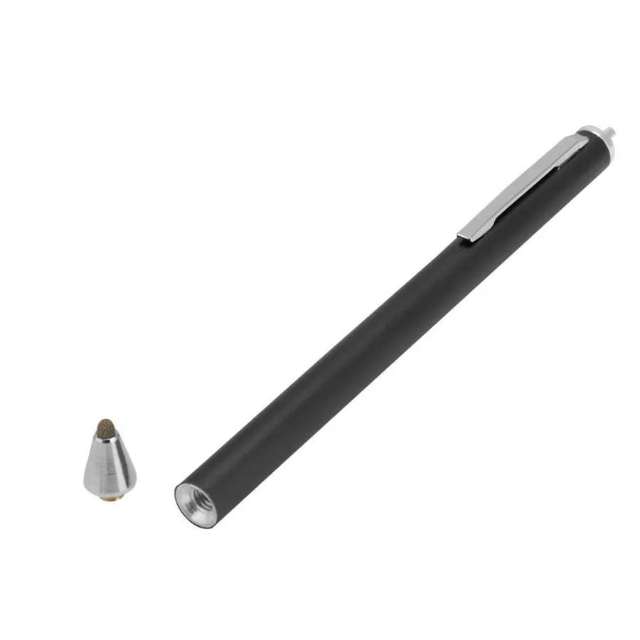 Metal fine-tip capacitive stylus pen in seven colour options on a touchscreen tablet.
