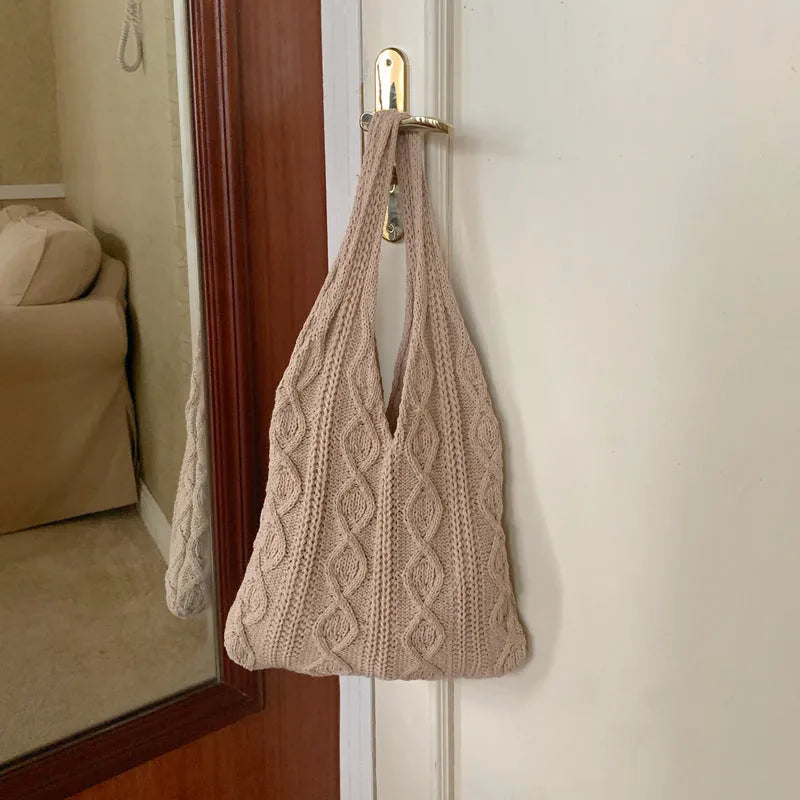Women's retro hollow knitted woolen yarn shoulder tote bag in crochet texture with double straps
