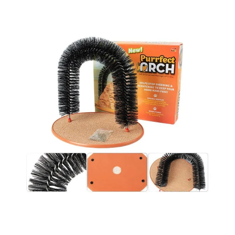 White plastic cat grooming arch with built-in brush bristles for scratching and self-grooming