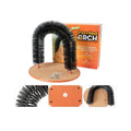 White plastic cat grooming arch with built-in brush bristles for scratching and self-grooming