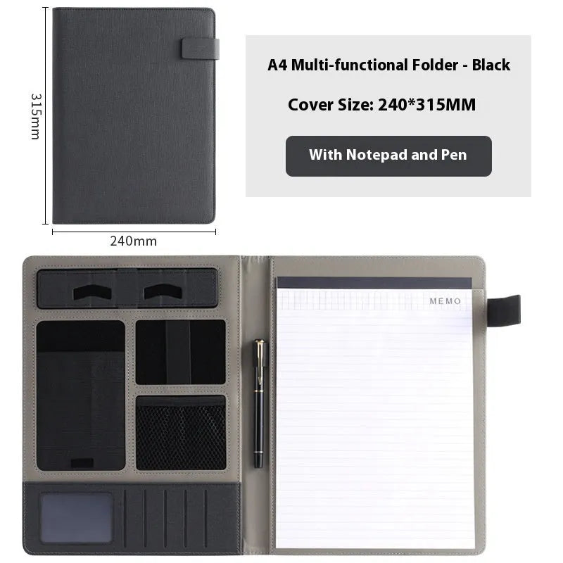 A4 leather business folder in black with pen and notepad options for office use