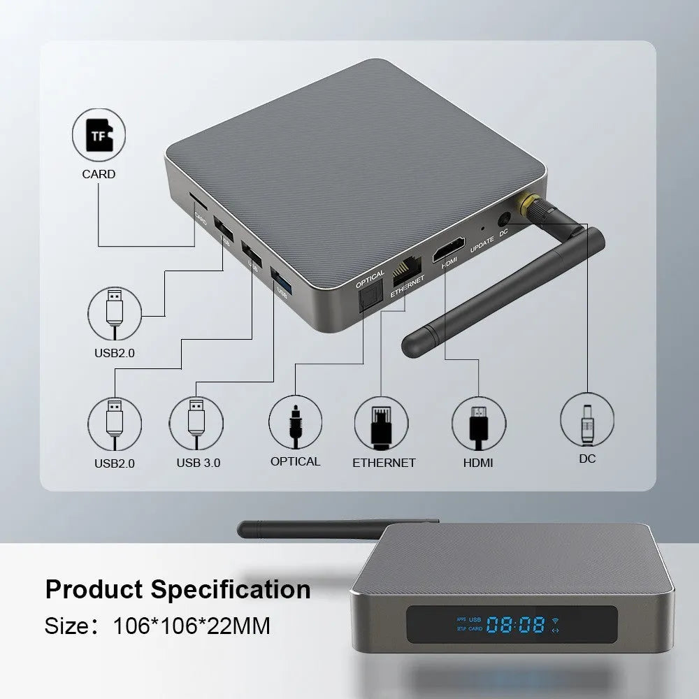 Bluetooth Android set-top box with 8K output support and compact 105mm square design