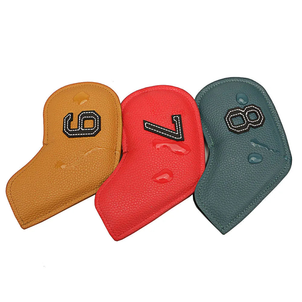 Set of 10 printed PU golf club head covers in assorted digital patterns.