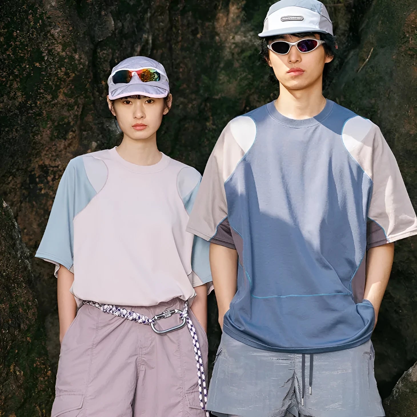Man wearing a loose-fit patchwork contrast colour short sleeve cotton blend sports t-shirt.