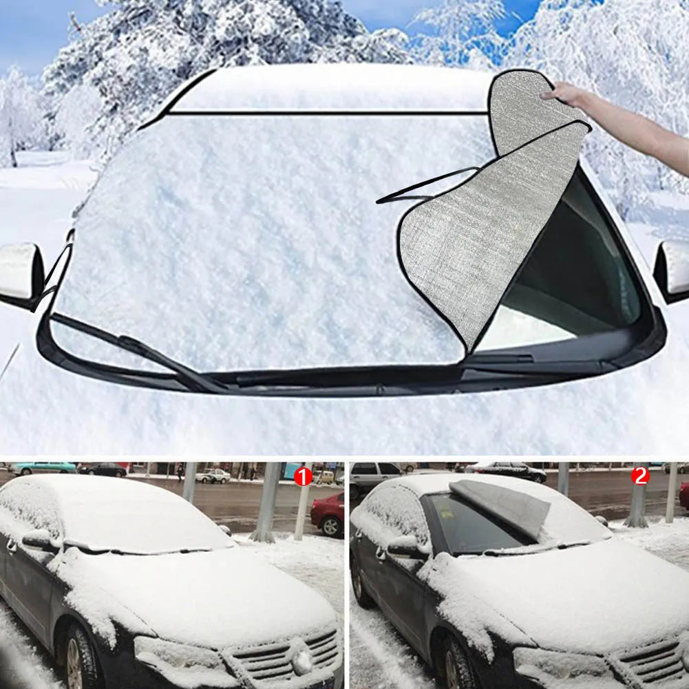 Car front snow protection cover measuring 130x70cm with aluminium fabric and lanyard installation