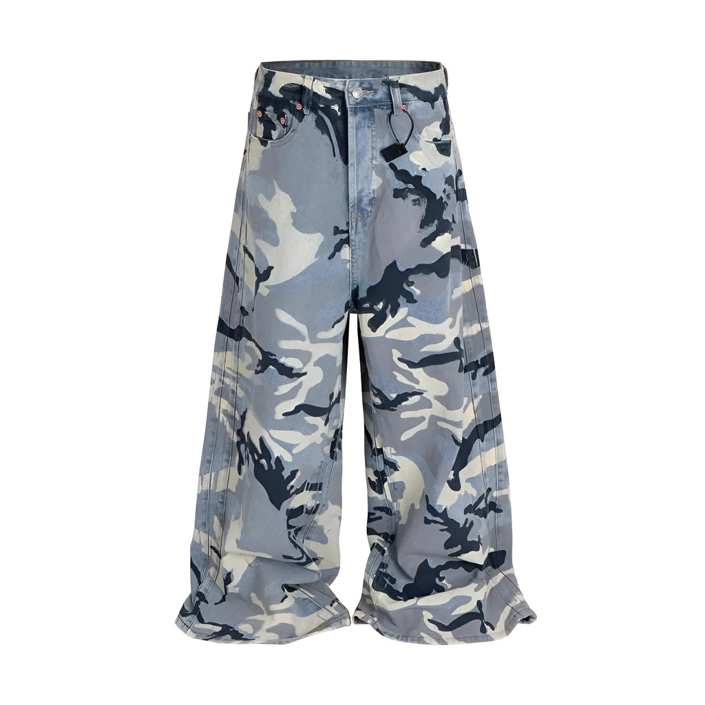 Snow camouflage blue loose-fit mid-waist jeans on a model, showing the camouflage pattern and trouser cut.