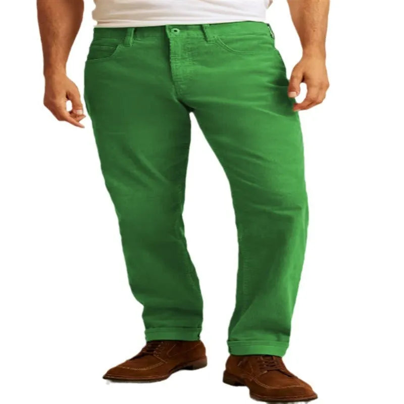 Corduroy straight leg trousers in green colour with loose casual fit and mid-waist design