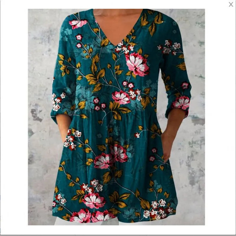 Women's printed loose dress with wave pattern, 3/4 sleeves, and wide waist design