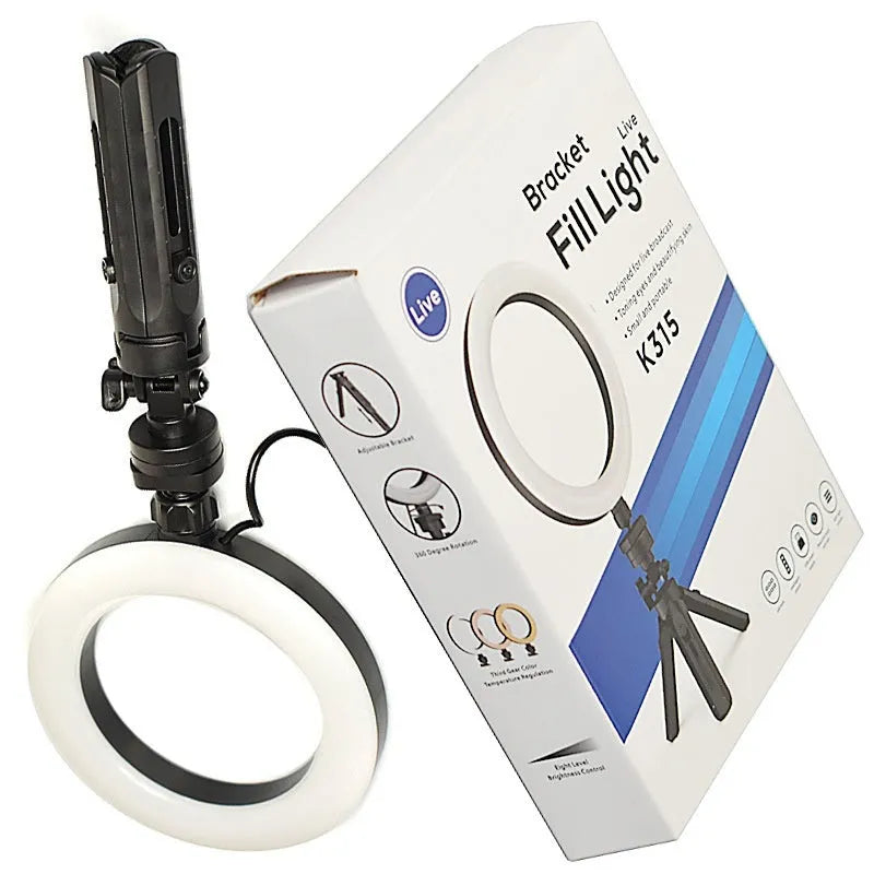 Black universal mobile phone selfie bracket with adjustable colour fill light on a desktop tripod.