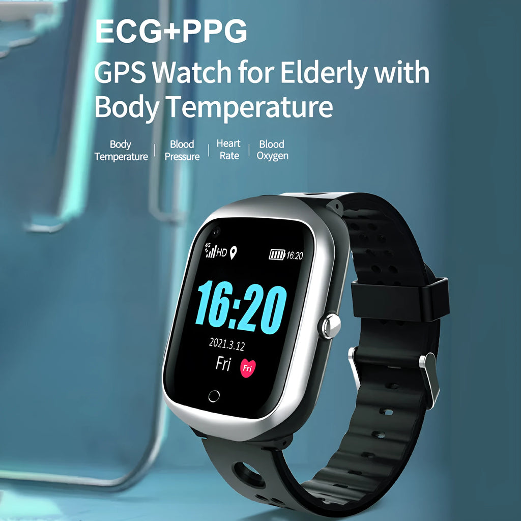Elderly smartwatch with square colour screen and silicone strap showing GPS and SOS functions