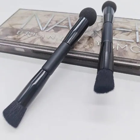 Double-headed concealer brush with black wooden handle and a miter sponge