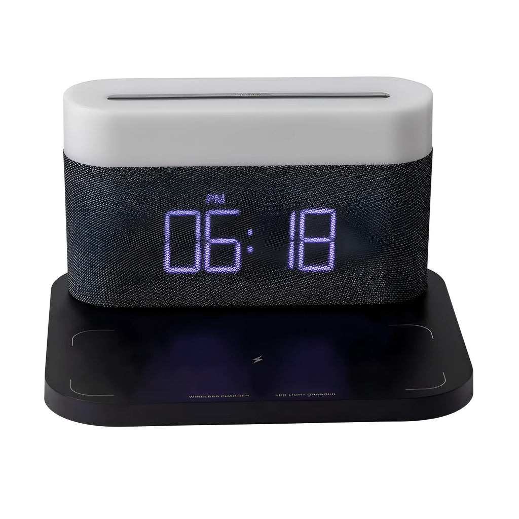 Black and white wireless charging desktop clock with night light function and modern design