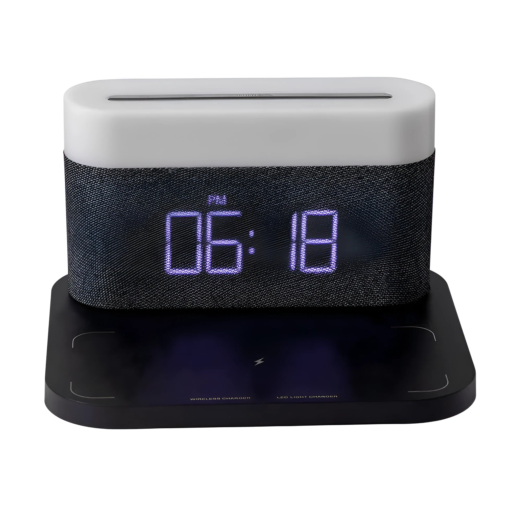 Black and white wireless charging desktop clock with night light function and modern design