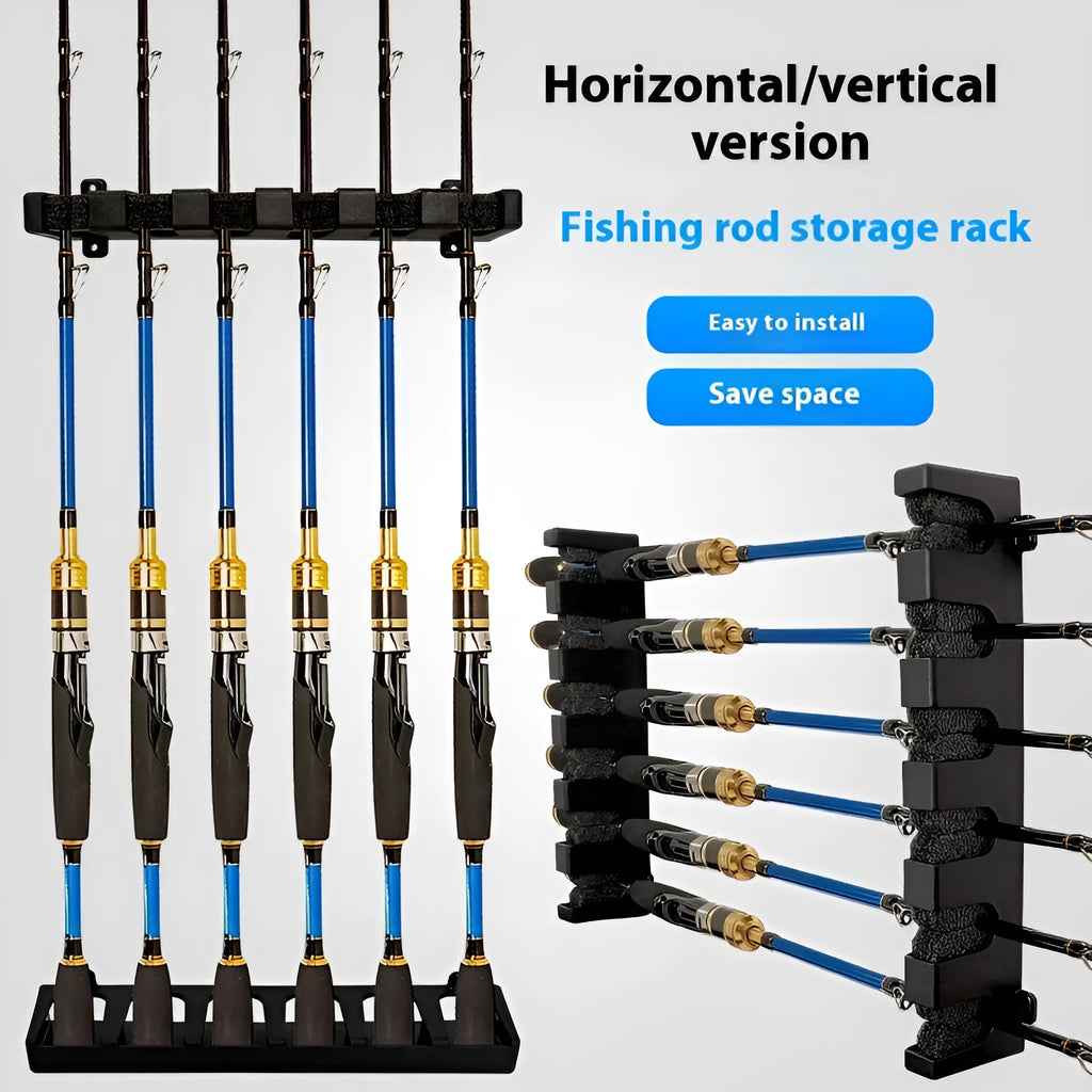 Black ABS plastic wall mounted fishing rod holder storage rack for vertical or horizontal rod storage
