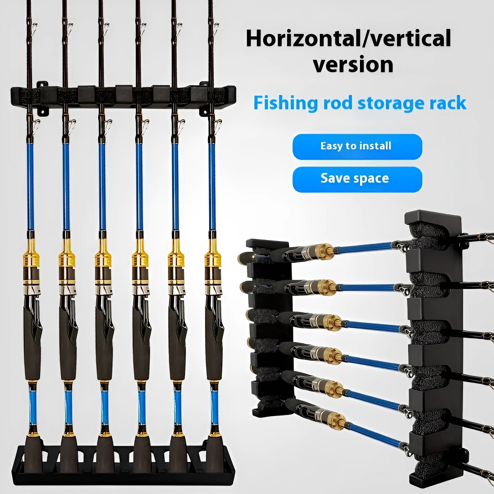 Black ABS plastic wall mounted fishing rod holder storage rack for vertical or horizontal rod storage