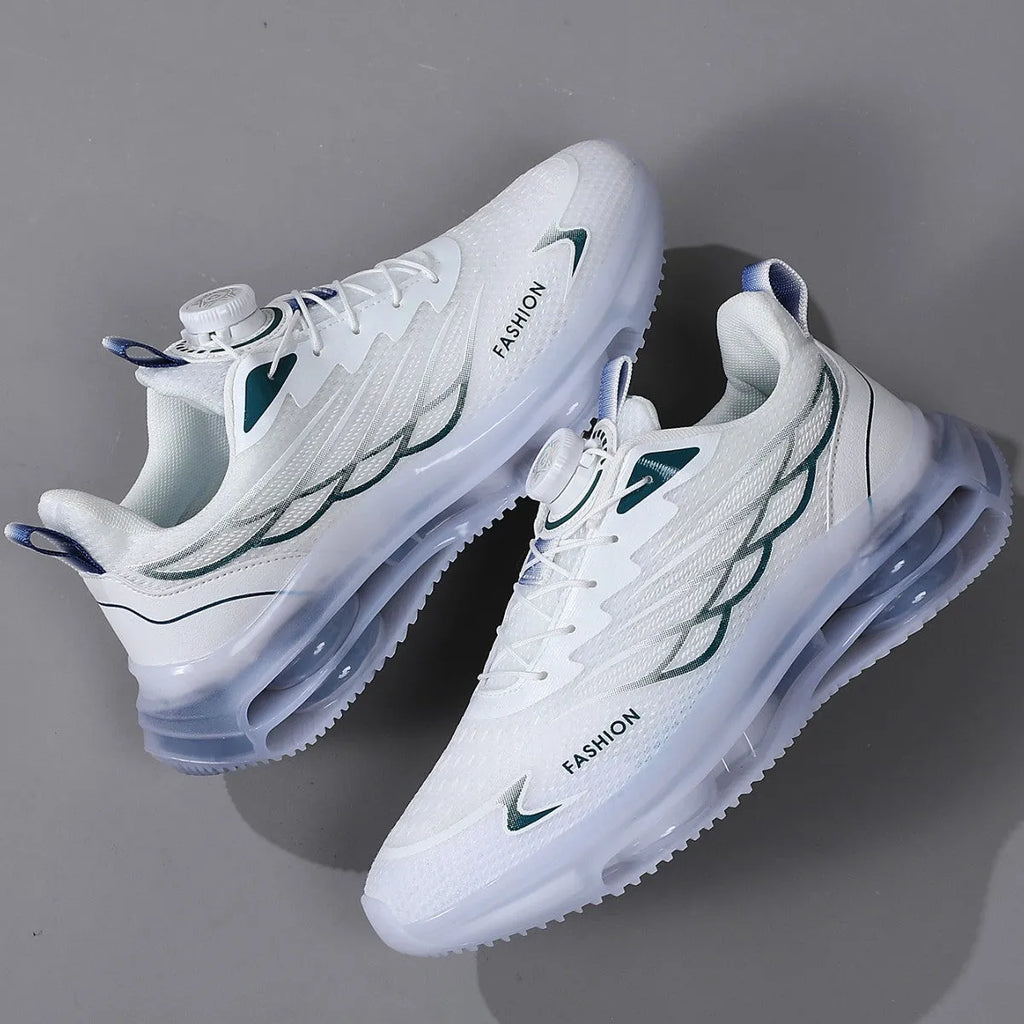 White youth sports casual shoes with rotating button and lace-up closure, mesh upper, and rubber sole.