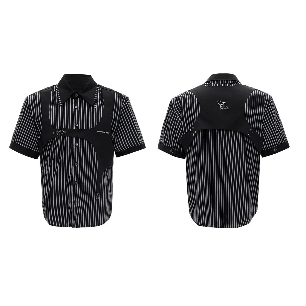 Men's black and white striped cotton shirt with double collar design and short sleeves