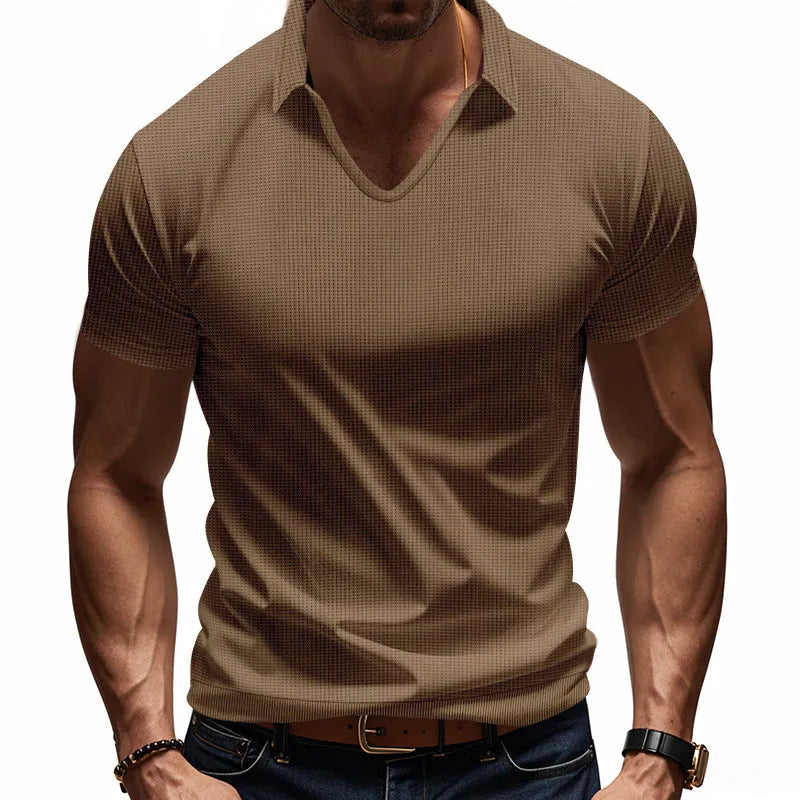 Men's loose fit V-neck cotton blend short sleeve t-shirt in apricot colour