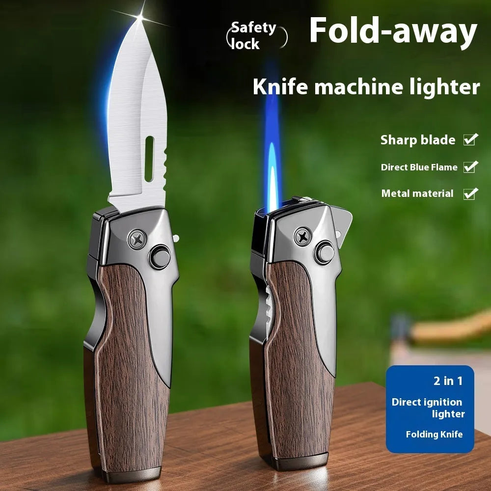 Zinc alloy metal folding lighter tool with jet flame and knife blade in a camouflage finish.