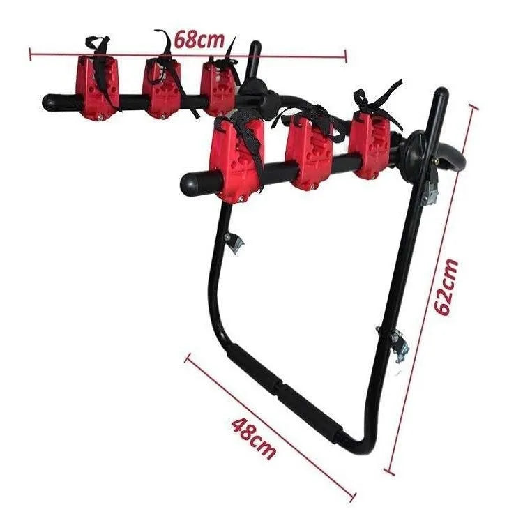Black and red trunk-mounted bicycle carrier rack with tie ropes and protective sponge padding.
