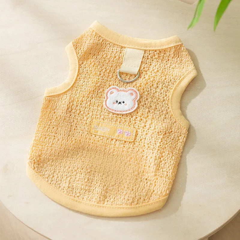Hollowed-out cat clothes with bear patch in knitted fabric, shown in green colour
