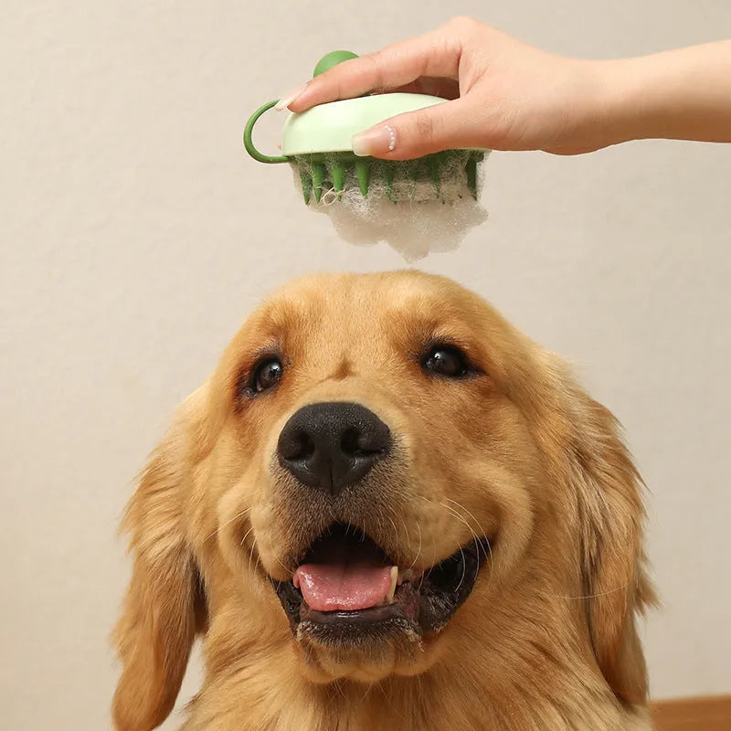 Handheld silicone pet grooming brush for dogs in light blue colour with soft bristles