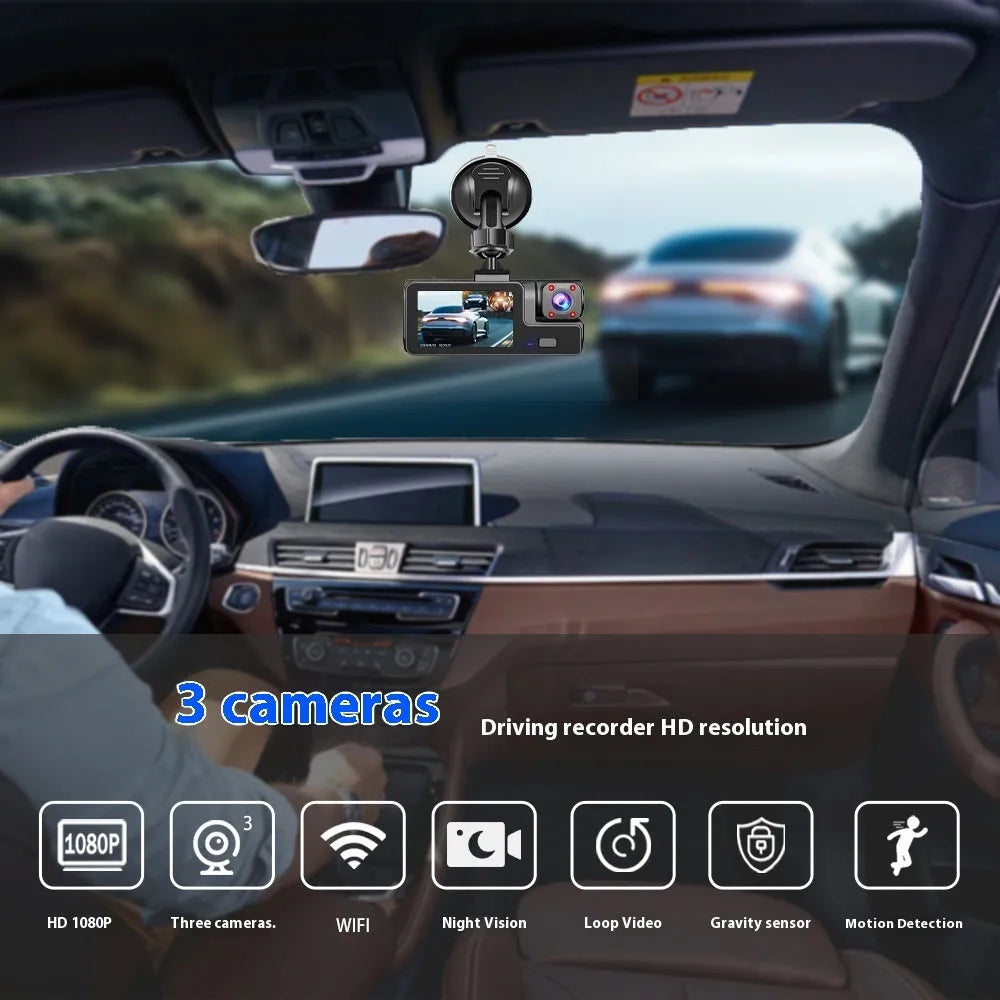 WiFi-enabled car dash cam on windscreen with 2-inch screen and data cable