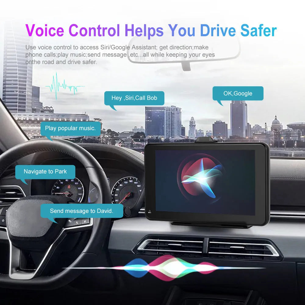 7-inch HD wired car multimedia player with universal suction cup and vertical mounting brackets on a dashboard.