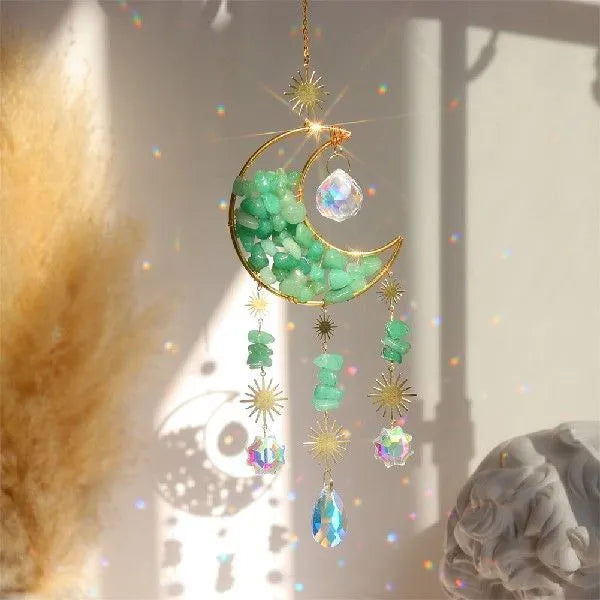 Moon shaped K9 crystal reflective car pendant hanging from rear view mirror available in multiple colours