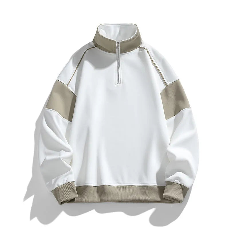 Men's white corduroy hooded pullover sweater with drop shoulders and loose lapels design