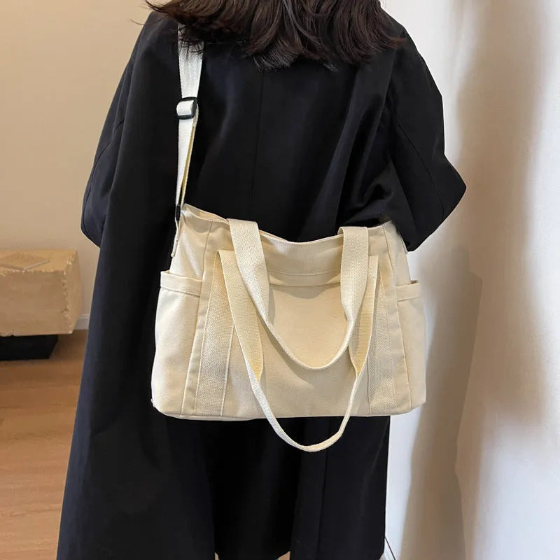 Large capacity polyester canvas tote bag with sandwich pocket and internal phone compartment
