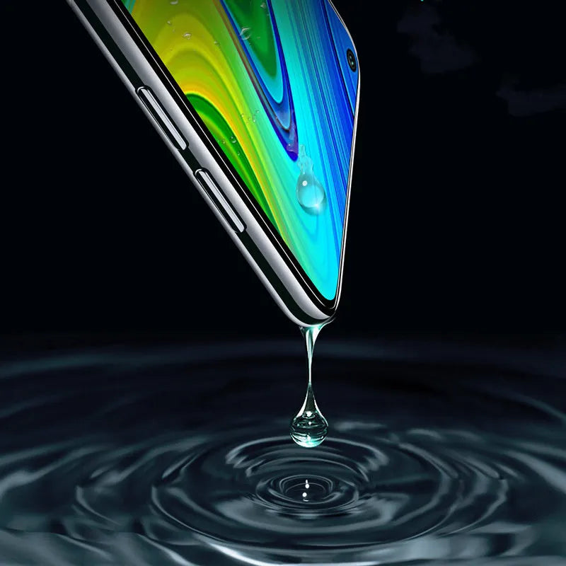 Xiaomi mobile phone tempered glass screen protector showing edge-to-edge coverage on phone display