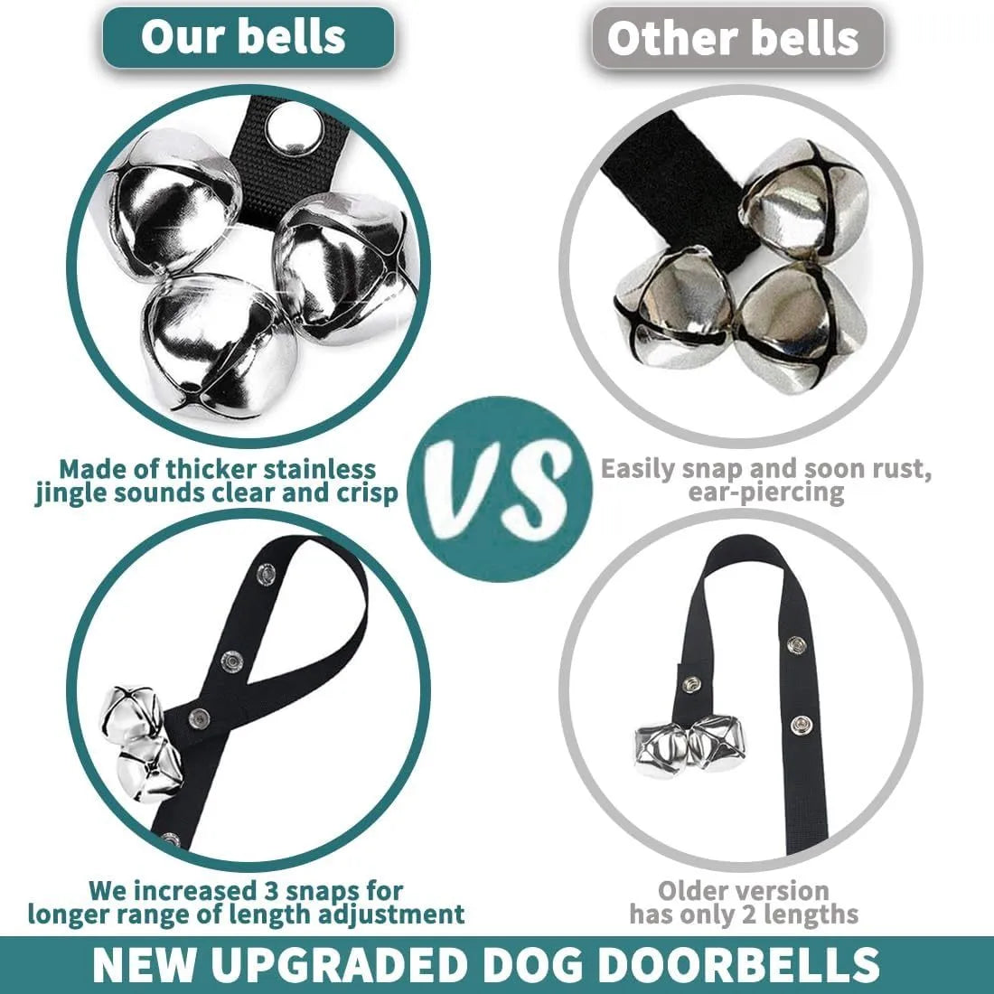 Adjustable dog training doorbell with silver metal bells on nylon strap for potty training