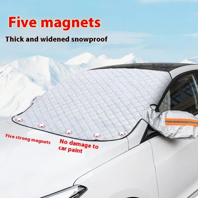Aluminium foil winter car windshield cover with reflective stripes and magnetic fasteners for SUV frost protection