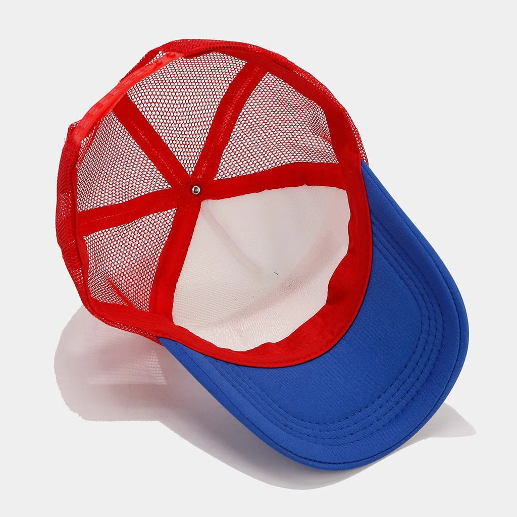 Red and blue contrast mesh baseball cap with adjustable strap and dome crown