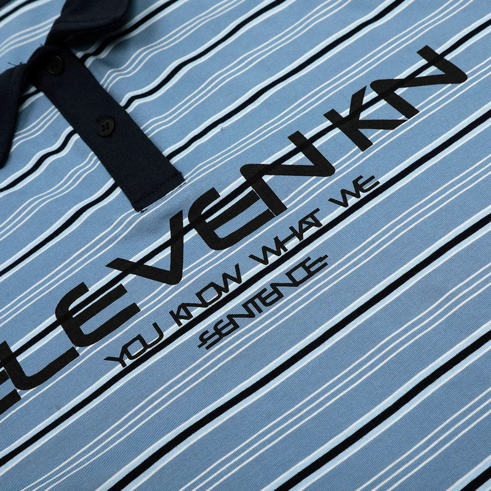 Blue stripe loose-fit cotton short-sleeved polo shirt on a hanger