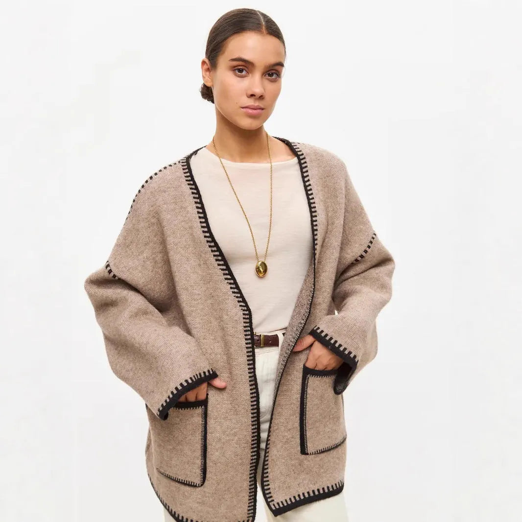 Loose mid-length knitted cardigan in imitation cashmere cotton fabric shown in black colour