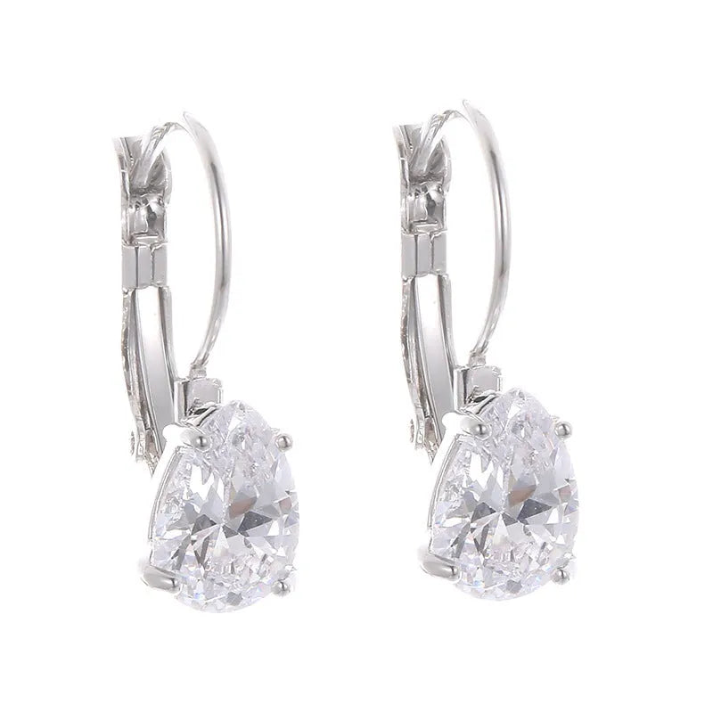 Women's drop-shaped copper earrings with a gemstone inlay, available in gold or platinum colour finish.