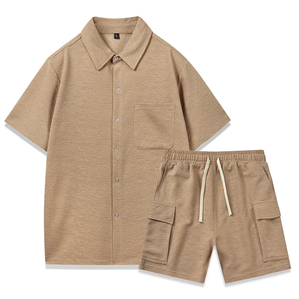Elastic waist shorts and short sleeve top two-piece set in a neutral colour on a hanger.