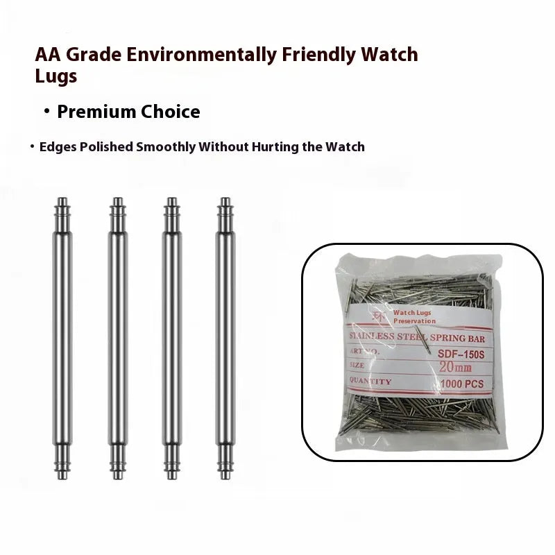Watch repair accessories including bolts, auricular needles and spring shafts in sizes 21mm to 26mm