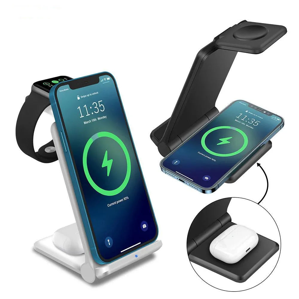 White 3-in-1 foldable wireless charging station charging an iPhone, Apple Watch, and AirPods case on a desk.
