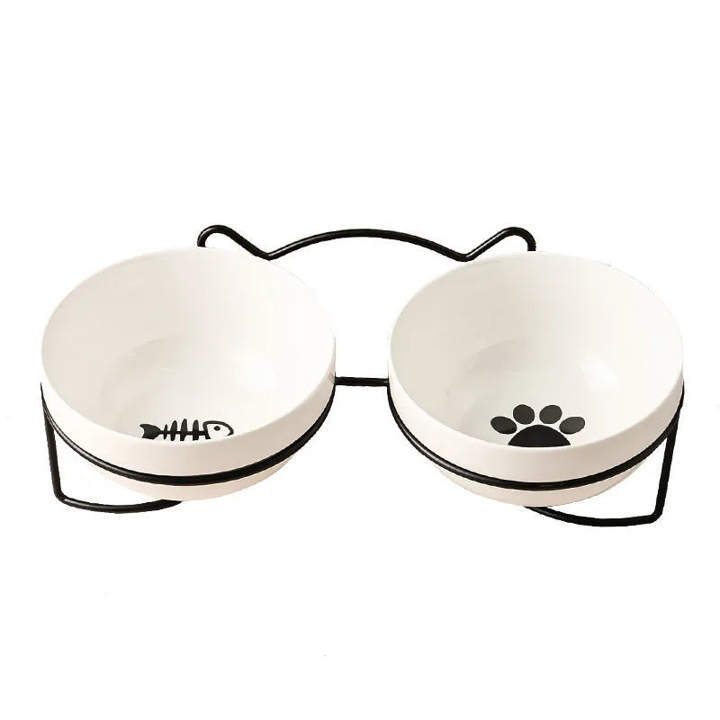 Ceramic pet bowl with iron frame featuring cat footprints pattern