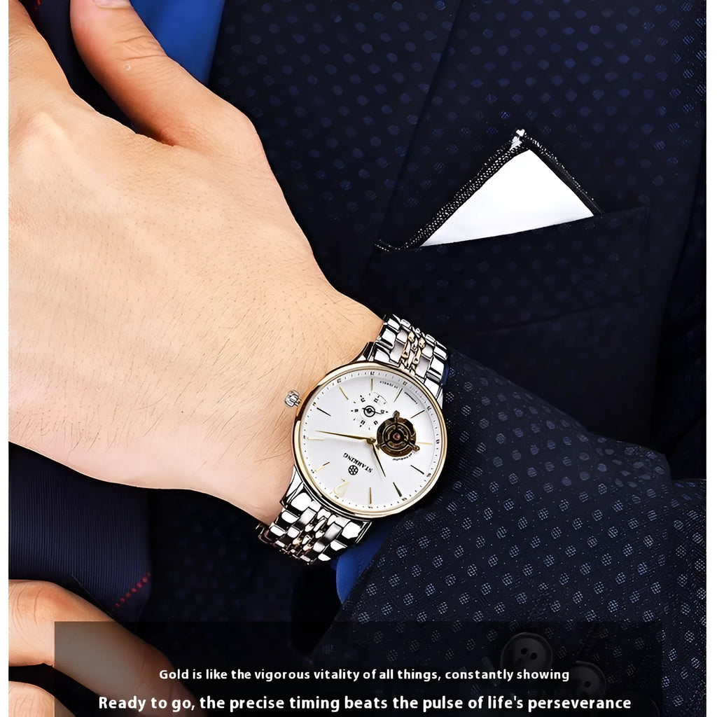Automatic mechanical men's business watch with hollow dial and brown leather strap