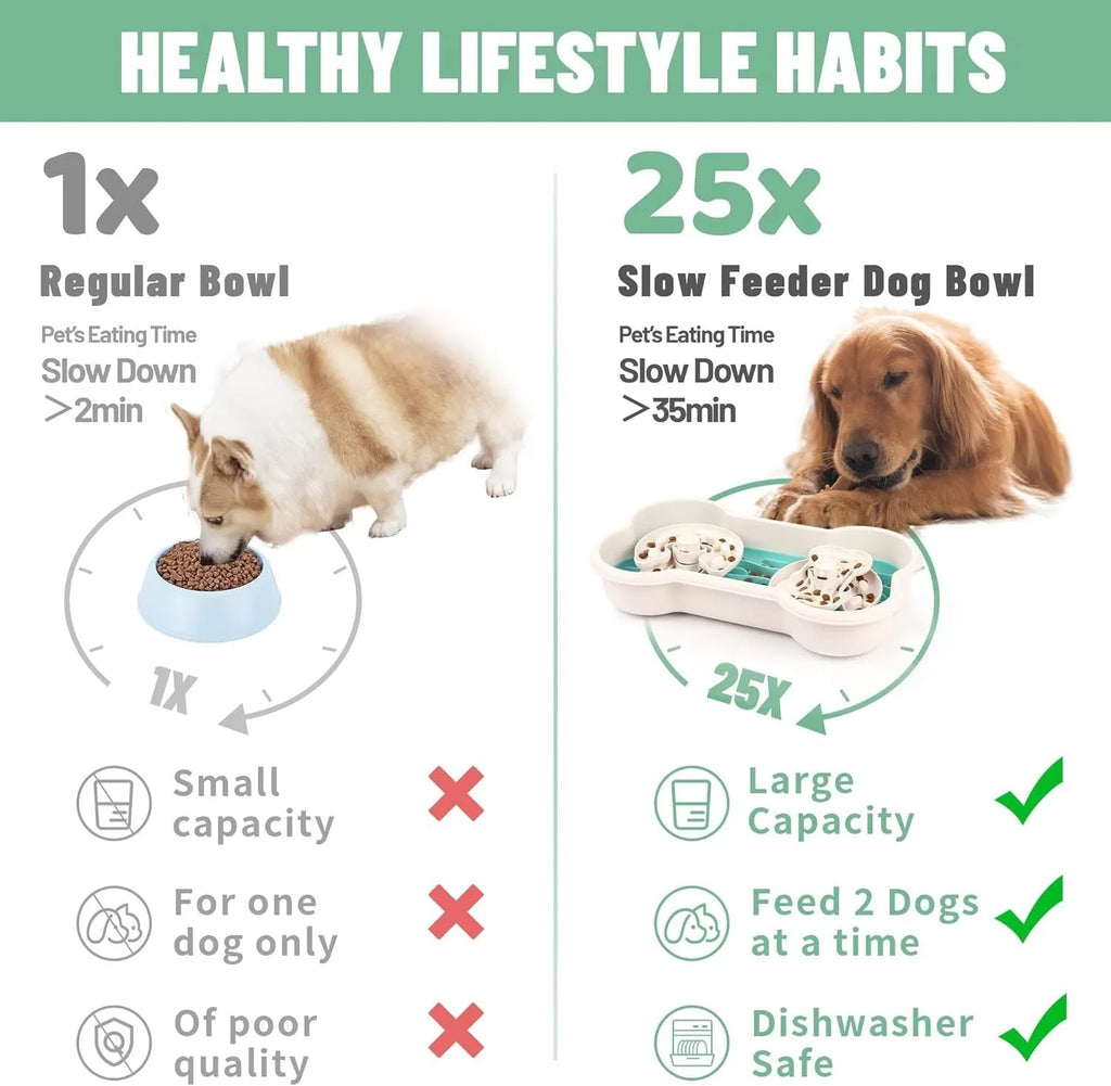 Large green slow feeder dog bowl with puzzle maze design for dry and wet food.
