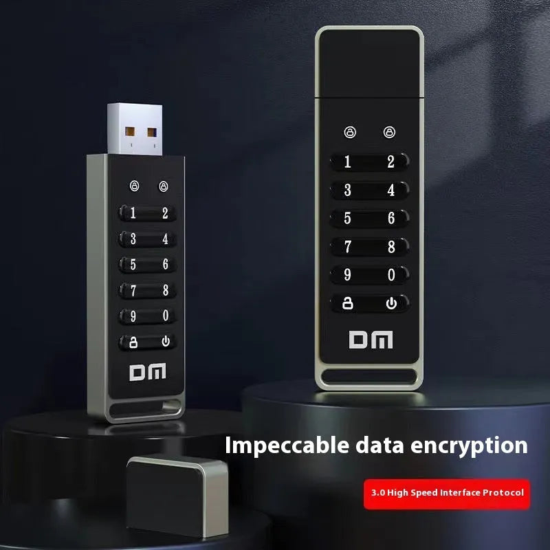 Metal encrypted USB flash drive with digital button and 64GB capacity
