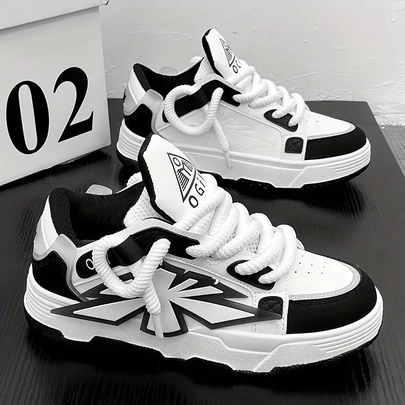 Men's white clunky sneakers with thick rubber sole and round toe lace-up design