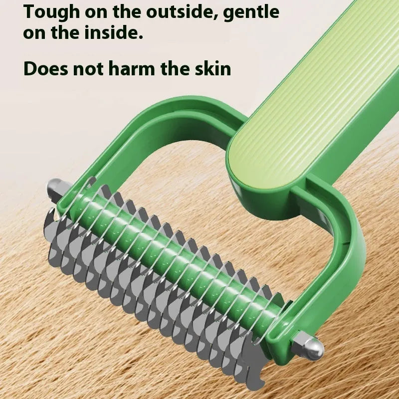 Green and grey dog detangling comb with stainless steel teeth and plastic handle in large and small sizes