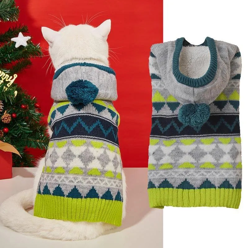 Blue diamond pattern acrylic dog sweater shown on small breed dog